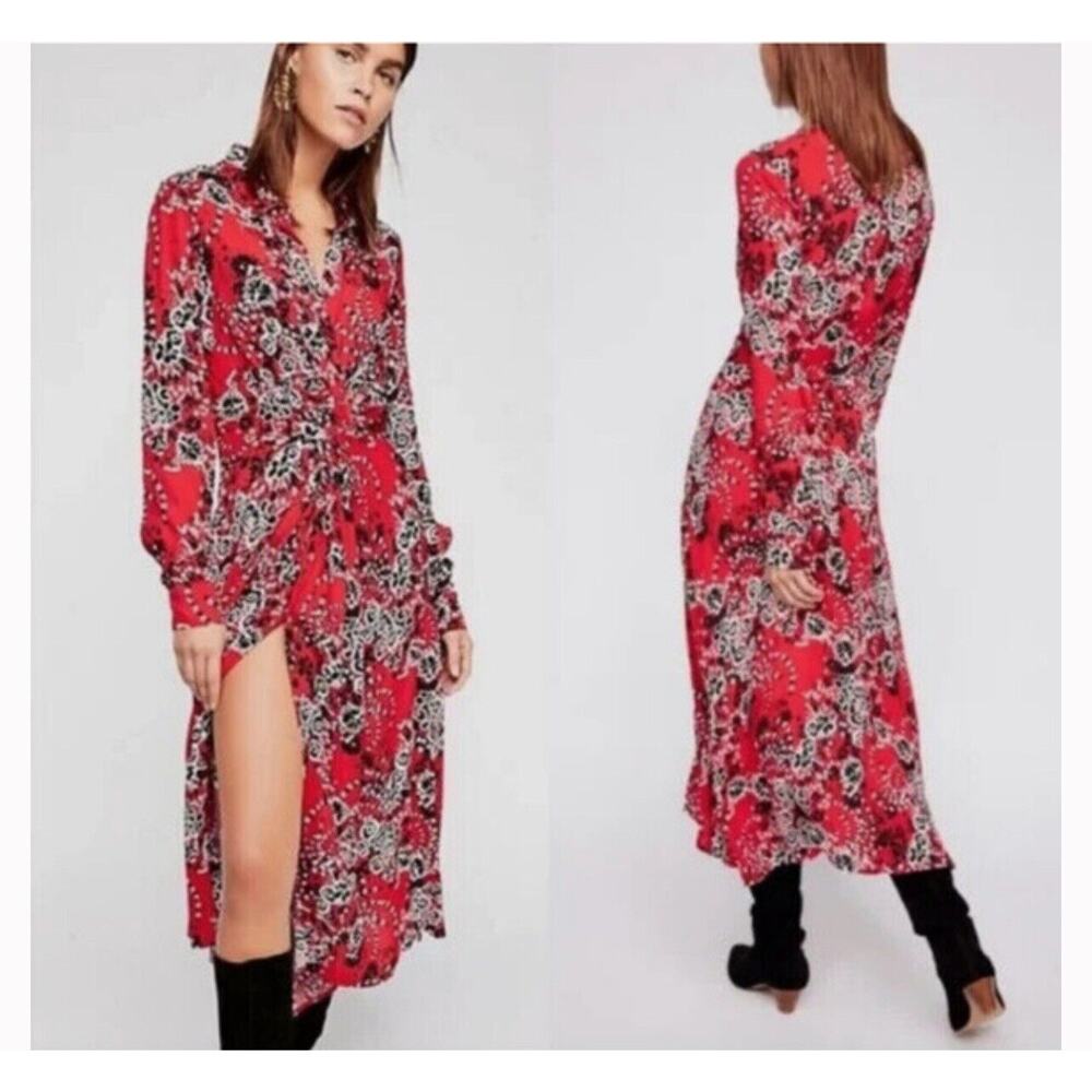Free People Tough Love Maxi‎ Shirtdress In Red Women’s 4 Long Sleeve Floral Boho